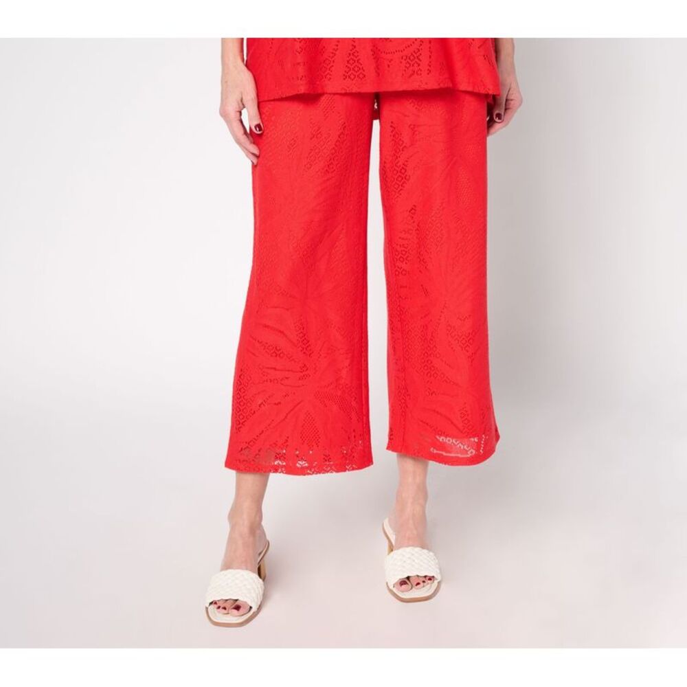 Susan Graver Women's Plus Sz Pants 1X Soleil Lace Knit Wide-Leg Crop Red